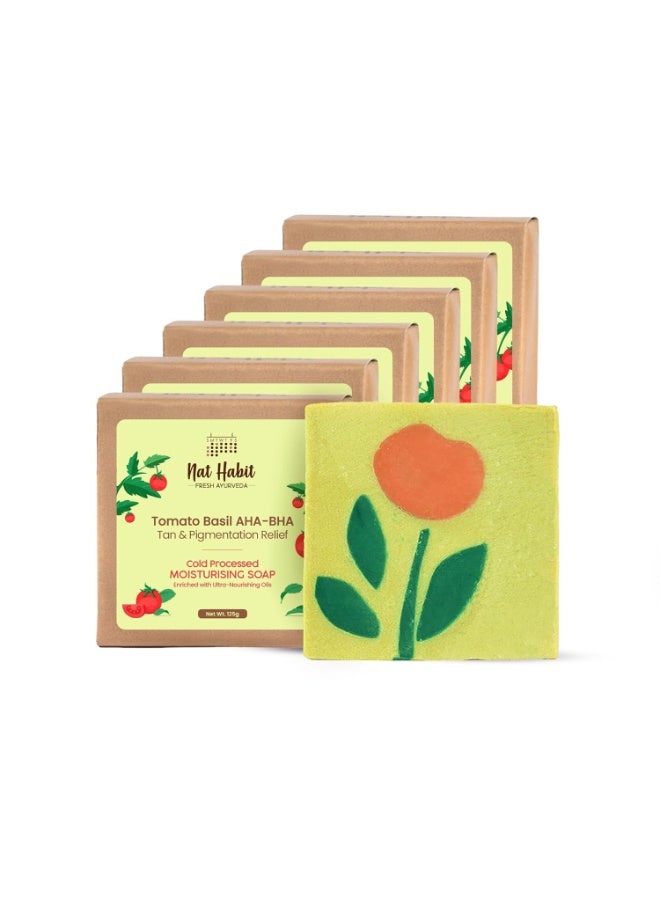 Nat Habit Moisturising Soap, Cold Processed Tomato Basil AHA-BHA For Gentle, Non-Drrying & Soft Skin, Pack of 6 X 125g - Image 1